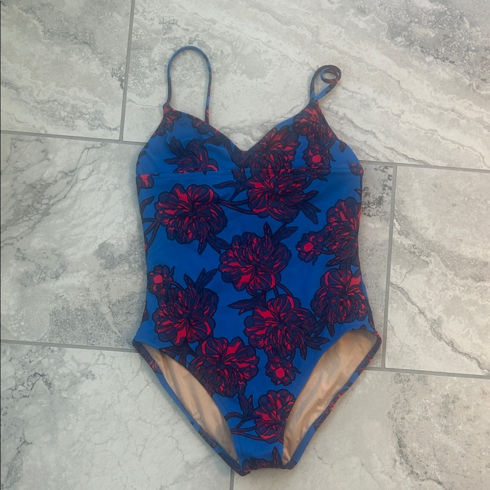 J. Crew One Piece Swimsuit in Blue and Red Floral